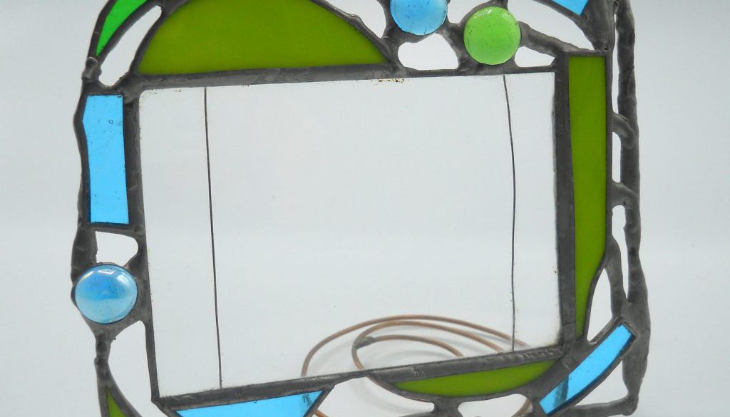 cornice per foto da tavolo in vetro artistico, perle di vetro e rame con tecnica Tiffany